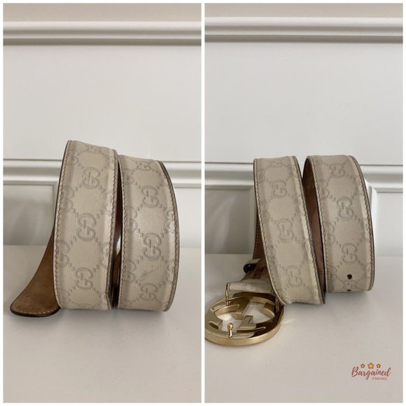 Authentic Gucci Cream Guccissima Leather Gold Interlocking G Buckle Belt 85/34 - Picture 8 of 13